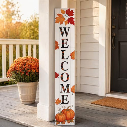 Vertical Wooden Fall Welcome Porch Sign,Rustic Autumn Porch Standing Sign,Decorative Leaning Sign for Front Entrance,Farmhouse Style Outdoor Welcome Decoration-47.2" H.
