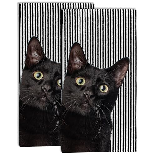 Cute Black Cat Hand Towel for Bathroom Set of 2,Cat on Black White Stripes Bathroom Hand Towel,Soft Absorbent Decorative for Hotel Gym Yoga Home Decor - color: Color10