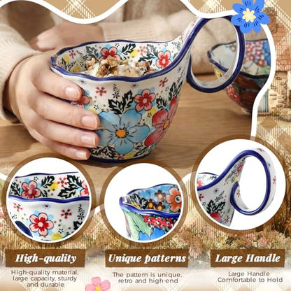 LemonRoad 2 Pack 15 oz Ceramic Soup Bowls with Handle,Roman Garden | Handpainted Decorative Soup Mug, Microwave & Dishwasher Safe, Loop Handle, for Fruit Chili Stew Ice Cream, Gift