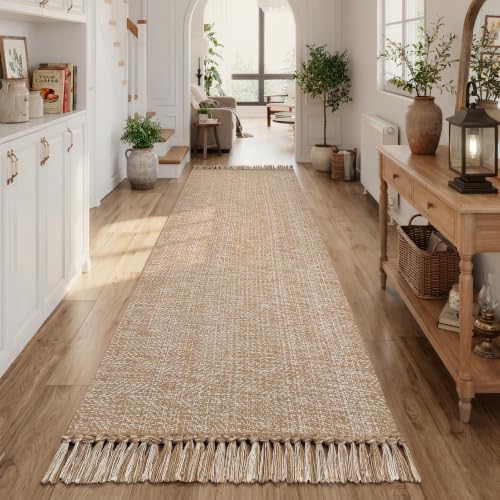 Long Hallway Runner Rug 2.6' x 10', Washable Runner Indoor Entryway Rug, Tan/Cream Braided Woven Kitchen Runner Rugs Low-Profile Front Door Floor Carpet for Laundry Room Bedroom Doorway | Tan/Cream Braided Woven Kitchen Runner Rugs, Low-Profile Front Door