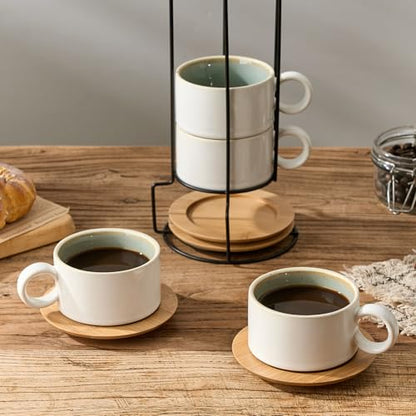 LUKA 6 Ounce Porcelain Stackable Espresso Cups with Saucers and Metal Stand Set of 4, Ceramic Cappuccino Cups Set for Specialty Coffee Drinks, Latte, Cafe Mocha and Tea, White Green Interior - color: White-Green