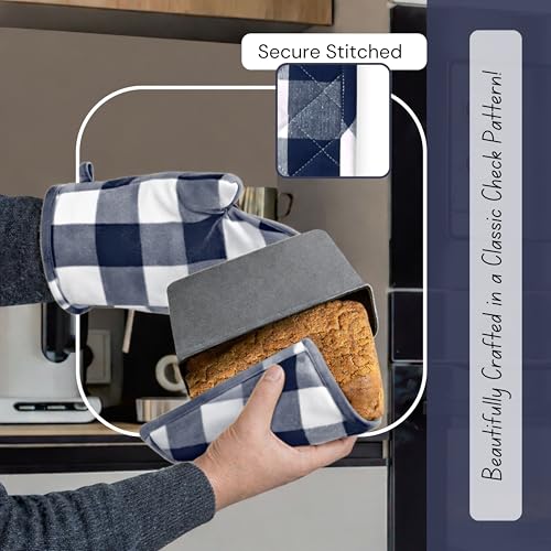 Native Fab Buffalo Plaid Check Oven Mitts and Pot Holders Set of 4, 100% Cotton Heat Resistant Kitchen Gloves, 2 Oven Mitts (7x13), 2 Pot Holders (8x8) for Cooking & Baking, Navy White - color: Buffalo, Navy Blue
