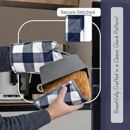 Native Fab Buffalo Plaid Check Oven Mitts and Pot Holders Set of 4, 100% Cotton Heat Resistant Kitchen Gloves, 2 Oven Mitts (7x13), 2 Pot Holders (8x8) for Cooking & Baking, Navy White - color: Buffalo, Navy Blue