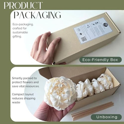 6pcs White 3" Peony Brides Dream Sola Wood Flower Diffuser with Reed Sticks for Home Fragrance Essential Oil DIY Decor