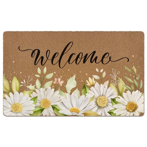 Spring Flower Welcome Door Mat, Cute Daisy Floral Artificial Coir Front Door Mat Indoor Outdoor Entrance, Summer Farmhouse Doormat Rug for Porch Entryway Patio Decor,17X30 Inch - color: Daisy