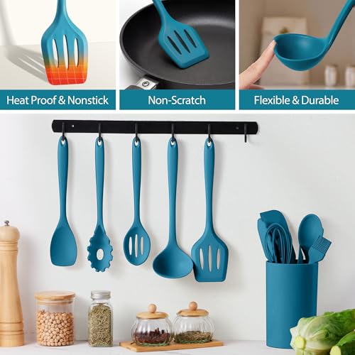 LIANYU 14 Pcs Silicone Kitchen Cooking Utensils Set with Holder,Dark Blue | 446°F Heat Resistant Silicone Cooking Utensils Spatula Set, Non-Stick & Dishwasher Safe Cooking Tools, Comfort Grip Handle - color: Dark Blue