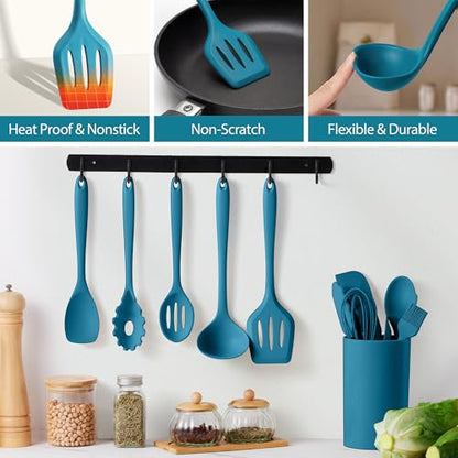 LIANYU 14 Pcs Silicone Kitchen Cooking Utensils Set with Holder,Dark Blue | 446°F Heat Resistant Silicone Cooking Utensils Spatula Set, Non-Stick & Dishwasher Safe Cooking Tools, Comfort Grip Handle - color: Dark Blue