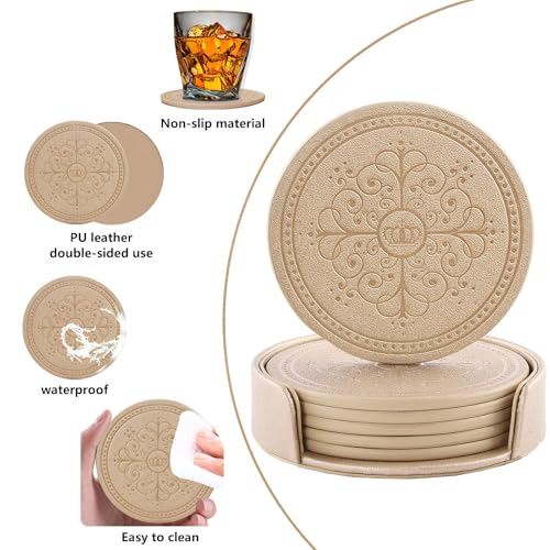 Coasters Set of 6 - PU Leather Coasters for Drinks with Holder - Gold - color: Gold
