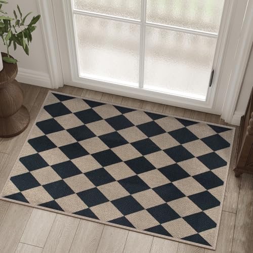 Easy Jute Checkered Entryway Rug, 2x3 Black Modern Indoor Outdoor Doormat, Washable Non-Slip Neutral Small Kitchen Rug Farmhouse Diamond Throw Rugs for Entrance Bedroom Bathroom - color: Black Checkered, size: 2' x 3' (Rectangular)