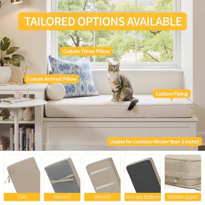 Detiblue Custom Size Bench Cushion for Indoor & Outdoor Seating | 70D microcellular foam; 10 thicknesses; indoor/outdoor fabrics; shapes/prints; hidden-zip washable cover; 4 fasteners