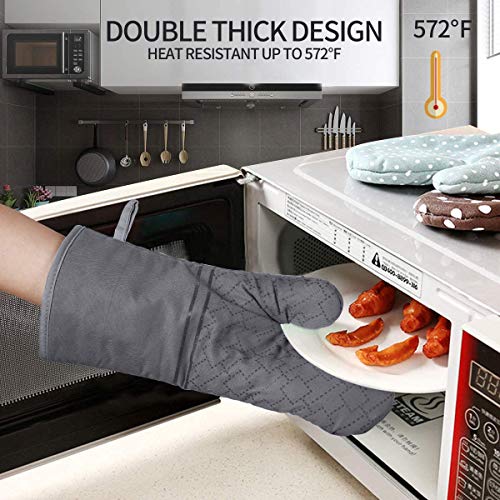 4Pcs Oven Mitts and Pot Holders Set, 572F Heat Resistant Oven Glove, Soft Cotton Lining with Non-Slip Surface for Kitchen Baking BBQ (Grey) - color: Gray