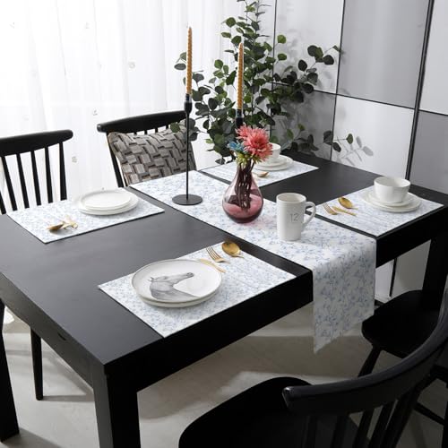 Table Runner and Placemats Set of 6 Blue Floral Decorative Dining Table Runner with Matching Placemats Flower Tree Branch Table Decor for Kitchen Dining Room and Everyday Use 13x90in - size: 13"x90"+6pcs