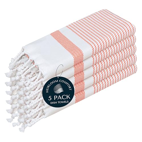 Orange Turkish Kitchen Towels 16x26 Inch, 5 Pack, 100% Cotton, Ultra Absorbent, Soft, Fast Dry, Machine Washable, Dish Towel with Tassels for Drying Dishes, Cleaning, Everyday Use - color: Bright Orange, style: 5 Pack