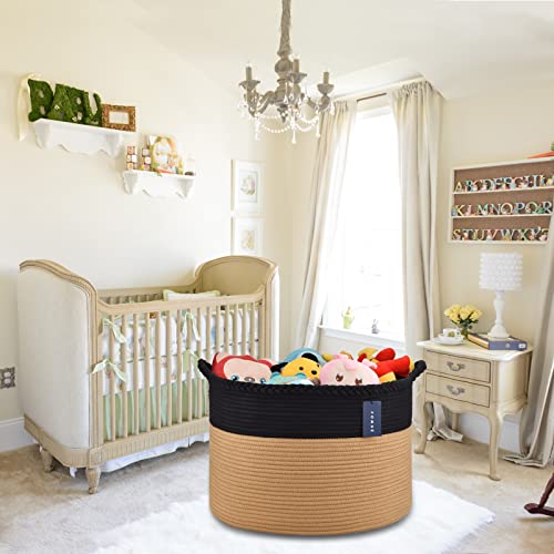 COMSE XXXLarge Woven Blanket & Laundry Basket, 87L, Black & Camel | 21.7" x 13.8", Cotton Rope, Nursery Hamper for Storage of Toys Clothes Towels, Ideal for Living Room Bedroom Bathroom - color: Black & Camel
