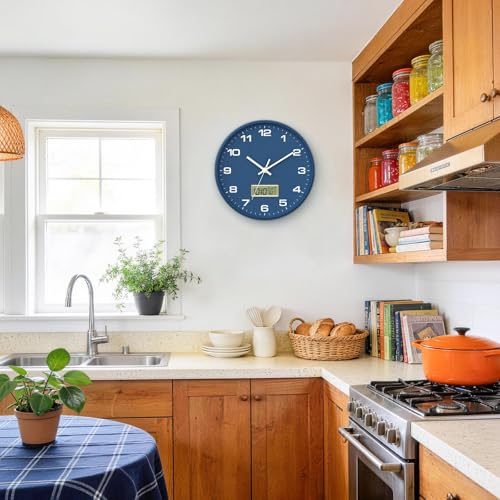 12 Inch Wall Clock, Silent Non-Ticking Analog with LCD Display, Battery Operated, Perpetual Calendar, Date, Weekday & Temperature (°C/°F), Tempered Glass for Living Room, Bedroom, Kitchen, Office