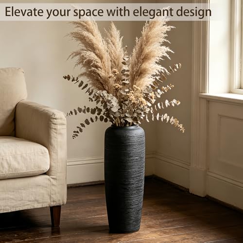 Black Rustic Ceramic Floor Vase, 19.7 Inch, Ribbed Texture | Living Room, Entryway, Fireplace, Pampas Grass, Dried Branches - size: 19.7 Inch