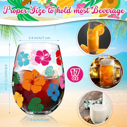 Sliner 2 Pack 17oz Summer Hawaiian Stemless Wine Glasses Aloha Stemless Wine Glass Luau Colorful Flowers Leaves Tumbler Cups for Hawaiian Tiki Party Supplies Birthday Gift - style: Hawaiian