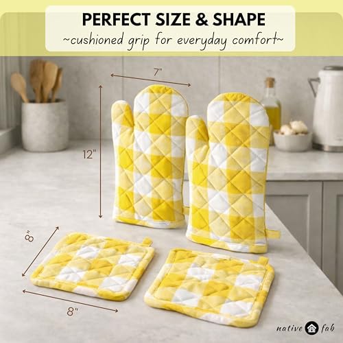 Native Fab Buffalo Plaid Check Oven Mitts and Pot Holders Set of 4, 100% Cotton Heat Resistant Kitchen Gloves, 2 Oven Mitts (7x13), 2 Pot Holders (8x8) for Cooking & Baking, Lemon Yellow White - color: Buffalo, Lemon Yellow