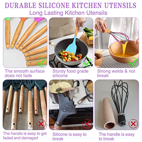 Umite Chef Kitchen Cooking Utensils Set, 33 pcs Non-stick Silicone Cooking Kitchen Utensils Spatula Set with Holder, Wooden Handle Silicone Kitchen Gadgets Utensil Set (Colorful) - color: Colorful