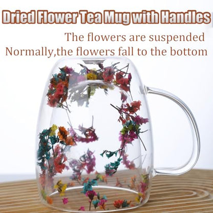 Viovian 13oz Double Wall Glass Coffee Mugs Set of 2 Insulated Glass Coffee Cups with Handles,Clear Dried Flower Tea Mug for for Hot Beverages,Tea Cup Women Birthday Gifts - color: 13oz double wall glass mugs set of 2