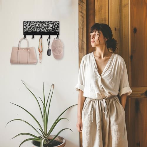 MAYJOYDIY Flowers Leaves Metal Key Hook Plant Theme Coat Hook Wall Mounted 9.8×4.7inch Simple Plants Black Art Key Holder with 5 Hooks for Gift Kitchen Bathroom Clothes Storage - style: Flowers Leaves