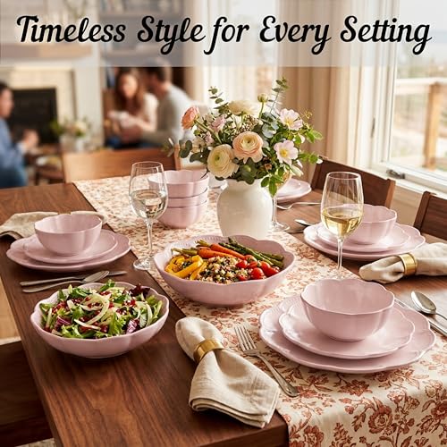Sango 12 Pieces Scalloped Dinnerware Set, Modern Pink Dishes for 4, Premium Serving Plates & Bowls Sets, Chip Resistant, Blush Ceramic Dishware, Kitchen Dish, Microwave & Dishwasher Safe, Bethany - color: Pink, size: 12-Piece Set