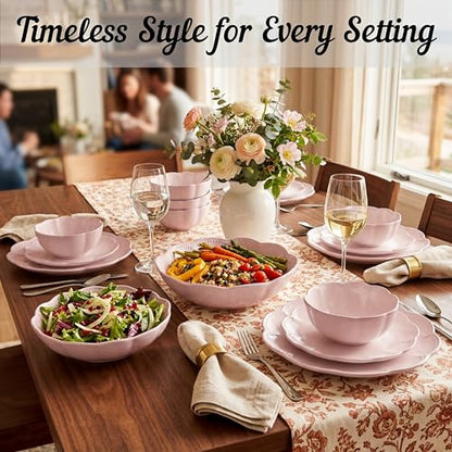 Sango 12 Pieces Scalloped Dinnerware Set, Modern Pink Dishes for 4, Premium Serving Plates & Bowls Sets, Chip Resistant, Blush Ceramic Dishware, Kitchen Dish, Microwave & Dishwasher Safe, Bethany - color: Pink, size: 12-Piece Set