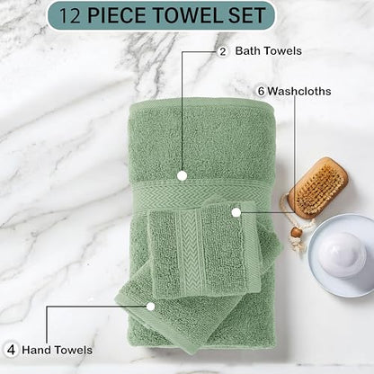 HILLFAIR 12-Piece Cotton Bath Towel Set - 600 GSM - Hotel Spa Towels - 2 Bath, 4 Hand, 6 Washcloths - Absorbent Soft Cotton - Sage - color: Sage, size: 12 Piece Towel Set