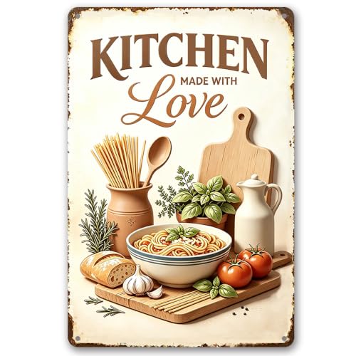 Kitchen Tin Sign, Made With Love Farmhouse Kitchen Decor, 8x12 | Made With Love Vintage Kitchen Metal Sign, Rustic Farmhouse Kitchen Wall Decor, Warm Gift for Home Cook & Baking Enthusiasts - color: Made With Love