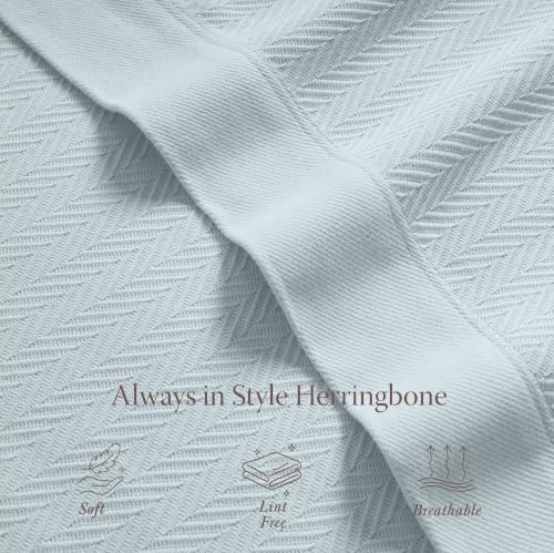 Threadmill Luxury Cotton Blankets for Queen Size Bed | All-Season 100% Cotton Queen Size Blanket | Herringbone Cozy, Soft Breathable Fall Thermal Blanket fits Full Size Bed | Light Blue | 100% Cotton, Herringbone Pattern, 90x92 in, Breathable, Moisture-Wi
