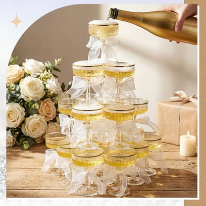Set of 24 Plastic Champagne Coupe Glasses with Bow 7 oz Gold Champagne Tower Set Stackable Acrylic Ribbed Martini Glasses Cocktail Coupe Cup for Wedding Birthday Party Bar(Organza,White) - color: White, style: Organza