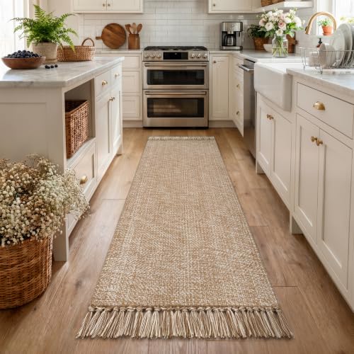 Boho Kitchen Runner Rug, 2' x 7' Washable Modern Bathroom Mats | Hand-Woven Farmhouse Rug Runners Hallway Tan Reversible Bedroom Carpet for Laundry Entryway Home Decor - color: Tan/Cream, size: 2' x 7' (Rectangular)
