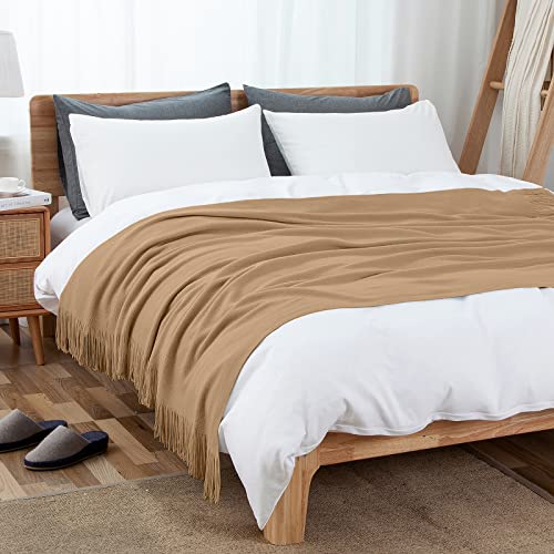 Vonty Light Brown Knitted Blanket with Tassels Fringe 50" x 60", Super Soft Knit Throw Blanket, Farmhouse Decorative Lightweight Blanket for Couch, Sofa, Bed | Super Soft And Lightweight, Year-Round Cozy Warmth, Farmhouse Decorative Style, Machine Washabl