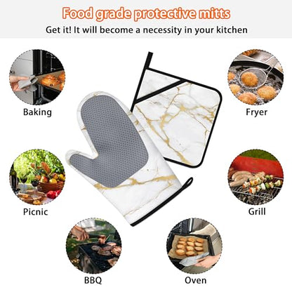 Oven Mitts and Pot Holders Sets White Gold Marble Kitchen Accessories of 4 Heat Resistant Oven Gloves Hot Pads with Non-Slip Silicone Surface for Chef Cooking Baking - color: White Gold