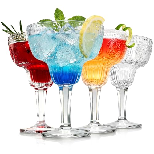 Pumtus 4 Pack 12 OZ Margarita Glasses, Vintage Clear Glass Coupe Cocktail Drinkware, Large Embossed Floral Stemmed Champagne Cup, Thick Manhattan Bar Glassware for Martini, Wine, Frozen Drinks