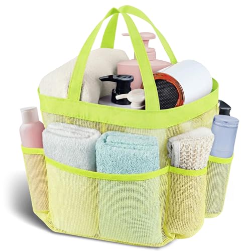 Mesh Shower Caddy Portable - 9 Pockets, Shower Bag for Dorm Room Camping | 2 Handle Quick Dry Shower Bag College Dorm Room Essentials Large Capacity Hanging Basket for Bathroom Travel Swimming Gym - color: light yellow