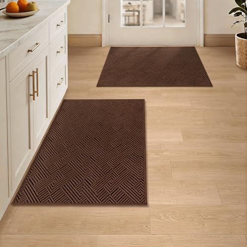 Dirt Trapper Door Mat Set of 2, Non-Slip Washable Entrance Mat, Dirt Resistant and Absorbent Welcome Mat, Low Profile Floor Mat for Front/Back Door, Entryway, 24"x36" + 32"x47", Brown - color: Brown, size: 24"x36"+32"x47" (Rectangular)