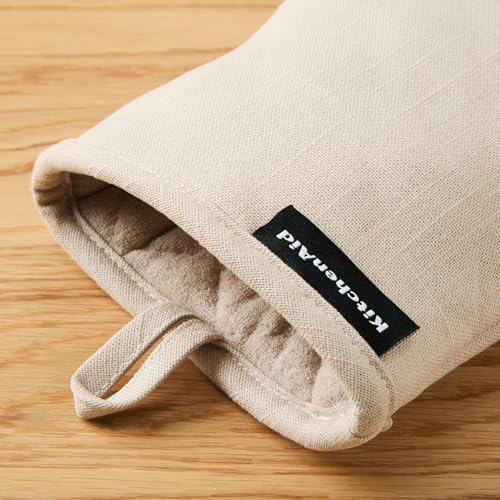 KITCHENAID Gourmet Series Gridlines Mini Oven Mitts 2-Pack Set, Heat Resistant up to 600°F, Soft Silicone Grip, Magnetic Cuff, Milkshake Tan, 5.5"x9" - color: Milkshake Tan