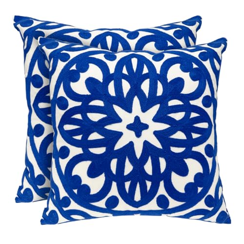 Alysheer Floral Embroidered Spring Decorative Throw Pillow Cover 18"x 18" Set of 2, Boho Mandala Embroidery Royal Blue Patterned Cushion Case for Sofa Couch Living Room Bedroom Outdoor - color: Royal Blue, size: 18" x 18" (Pack of 2)