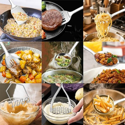 18/0 Stainless Steel Cooking Utensils Set, Heavy Duty Kitchen Utensils for Daily Use Party Wedding Housewarming, Dishwasher Safe, 9 Pieces - color: Black, size: 9PCS-Cooking Utensils Set