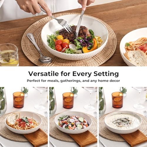 Y YHY 8.5" Pasta Bowls Set of 4, 30 oz Embossed Salad Bowls for Serving Soup, Noodle, Fruit, Dinner, Kitchen Deep Plates, Ceramic Dinnerware Sets, Soft White Dishes for Thanksgiving Day Gifts - size: 8.5 IN