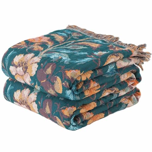 Phuryllic Boho Throw Blanket Twin Size, Soft Cozy Cotton Muslin Quilt Blanket for Bed Decor, Floral Patterned Couch Sofa Chair Cover, Vintage Farmhouse Cottage Tapestry Woven Blanket, Teal&Taupe - color: Emerald Bloom, size: 60" x 80"