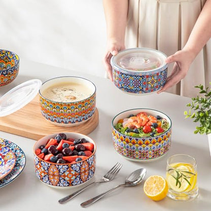 vancasso SIMI 36 oz Ceramic Bowls with Lids Set of 4,Bohemian Serving Bowl | 6 Inch Food Storage Containers Prep Bowls for Leftovers, Soup, Cereal, Meal Prep, Office Lunch, Microwave & Dishwasher Safe - size: 36 OZ (Set of 4)