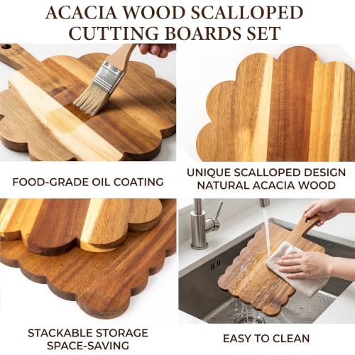 2 Pcs Acacia Wood Scalloped Cutting Chopping Board with Handle Decorative Cutting Boards for Kitchen Charcuterie Serving Tray Prep, Meat, Cheese, Bread, Fruit (with Hanging Rope & Holder)