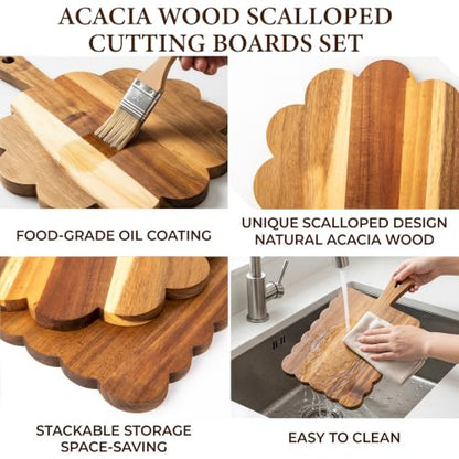 2 Pcs Acacia Wood Scalloped Cutting Chopping Board with Handle Decorative Cutting Boards for Kitchen Charcuterie Serving Tray Prep, Meat, Cheese, Bread, Fruit (with Hanging Rope & Holder)