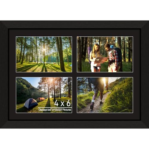 4"x6" Photo Collage Frame 4 Openings, Black Wood Frame, Black Mat | Holds 4 4x6 Photos, 9.5"x13.5" Multi Picture Frame Collage Wall Decor Wooden, Horizontal & Vertical, Tabletop & Wall Mount - color: Black Frame & Black Mat, size: 4 Openings (9.5x13.5) -