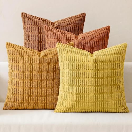 4 Pack Fall Corduroy Decorative Throw Pillow Covers 22x22 Inch, Orange/Rust | Soft Striped Farmhouse Boho Modern Autumn Home Decor Throw Pillow Covers for Couch Sofa Bedroom Living Room - color: Orange/Rust, size: 22" x 22" (Pack of 4)