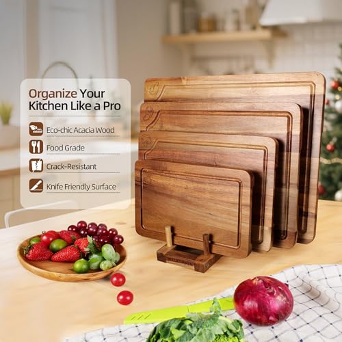 Acacia Wood Cutting Boards Set for Kitchen, 4-Piece Chopping Board Set with Food Icon (Meat, Fish, Vegetables, Fruits) Wooden Butcher Block with Stands & Juice Groove (S,M,L,XL) - color: Acacia Wood Set of 4