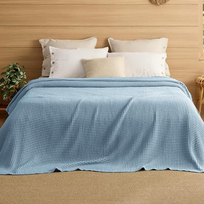 Bedsure Lightweight 100% Cotton Waffle Blanket, 120x94, Celestial Blue | Summer, Breathable, Soft, Comfort, Light, Thin, Textured, Bed, Couch, Sofa, Chair, Oversized King, Sheet Blanket, Cozy Gifts - color: Celestial Blue, size: Oversized King (120" X 94"