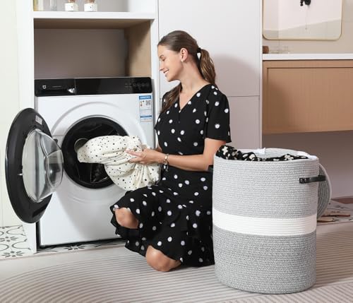 16"x20" Extra Large Cotton Rope Basket with Zipper Lid, Woven Laundry Hamper and Blanket Storage Basket, Round Clothes Bin for Living Room Bedroom, Dual Grey - color: Dual Grey